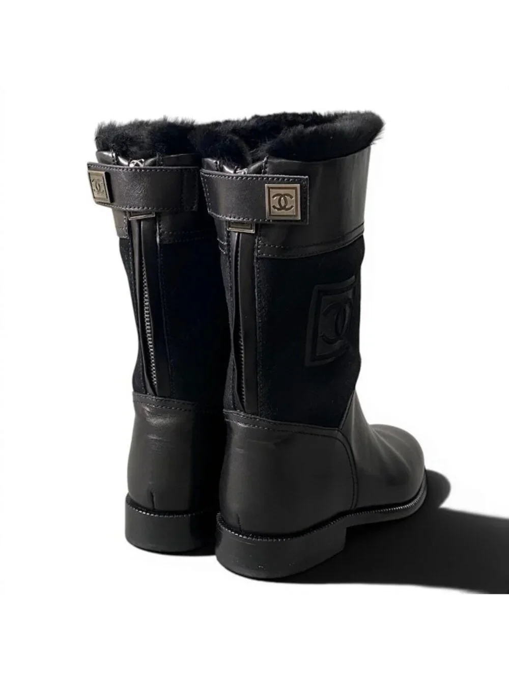 Chanel Sports Back Zip Middle Boots CC Logo Leather